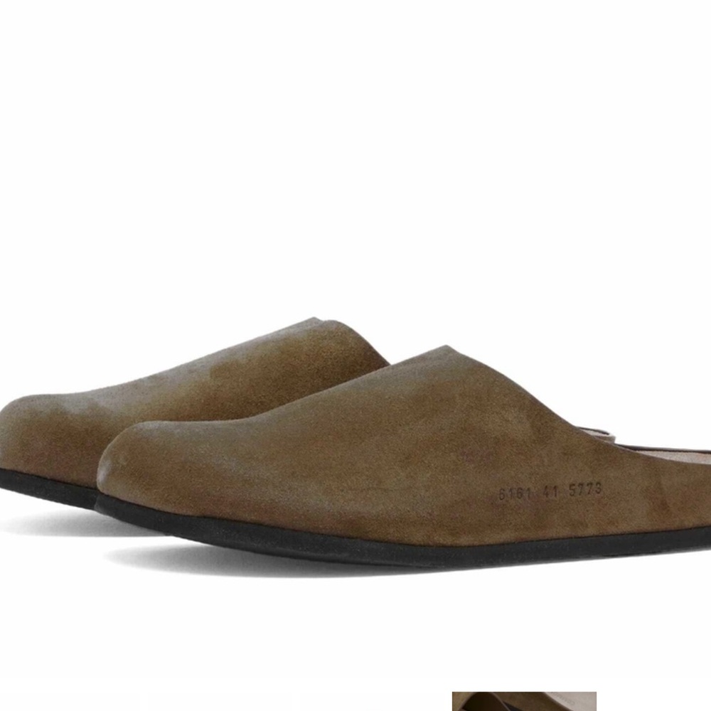 Woman by common projects, suede clogs.